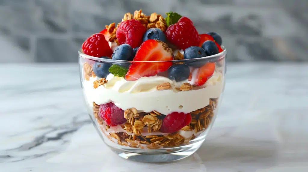 Greek yogurt parfait bowl with layered berries, granola and thick Greek yogurt in clear glass bowl