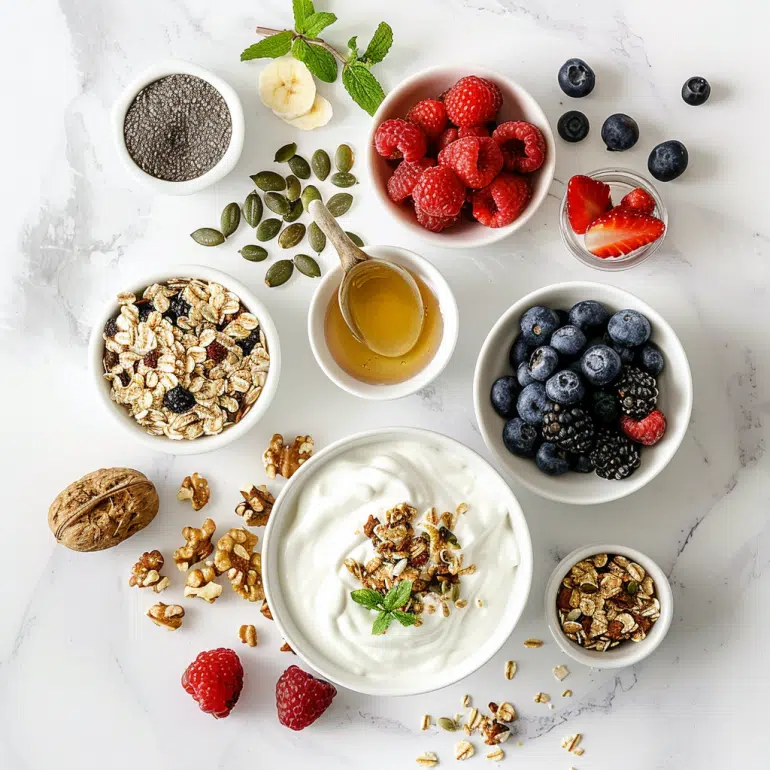 Greek yogurt parfait bowl ingredients including yogurt, berries, granola, honey and nuts