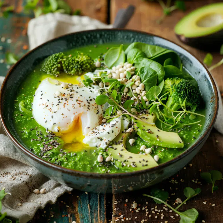 Green goddess detox breakfast soup with poached egg, leafy greens and superfood toppings