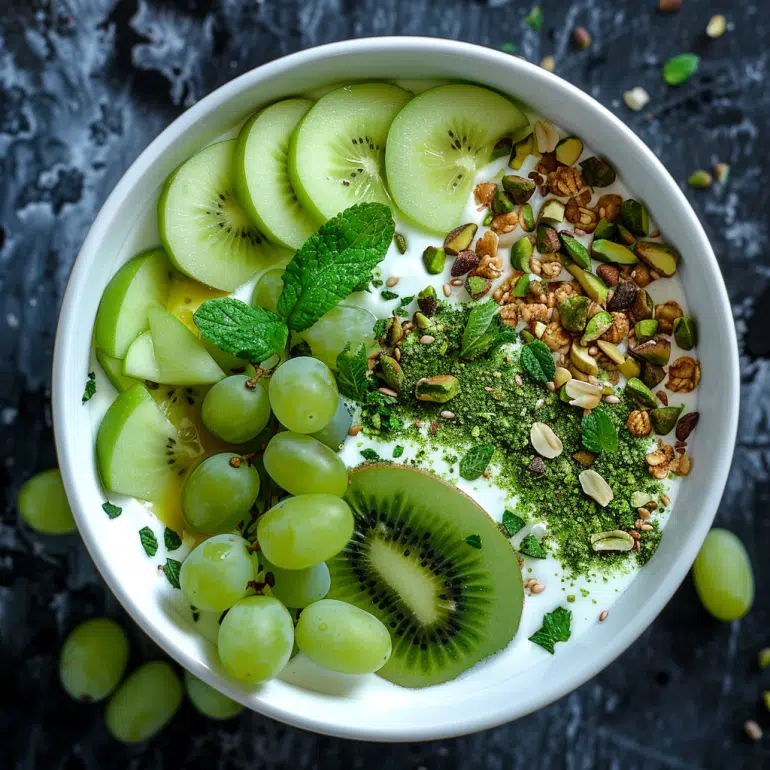Green Goddess Power Greek yogurt parfait bowl with kiwi, green grapes, pistachios and lime
