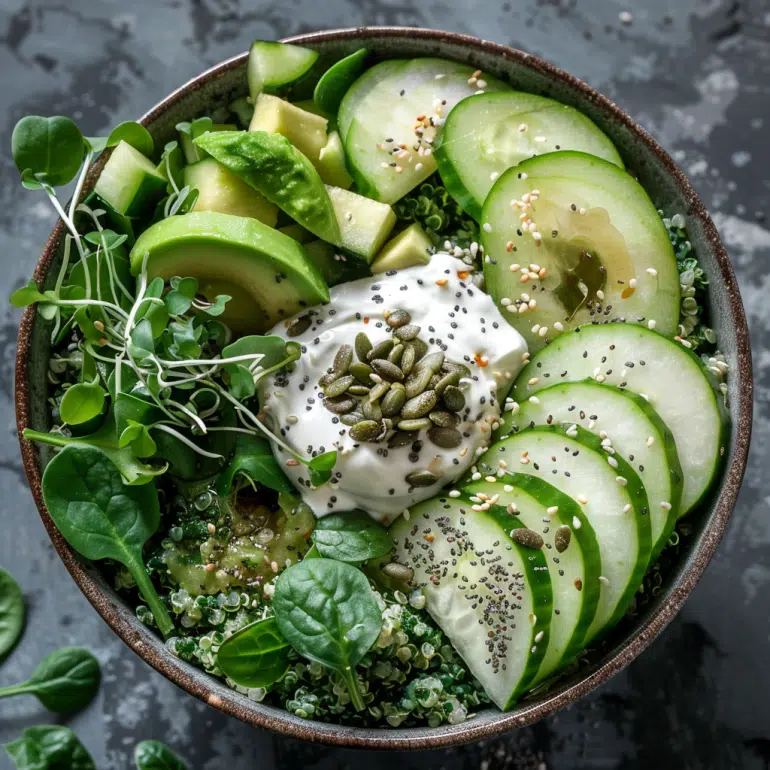 Green goddess superfood protein quinoa bowl with spinach, avocado, seeds and microgreens