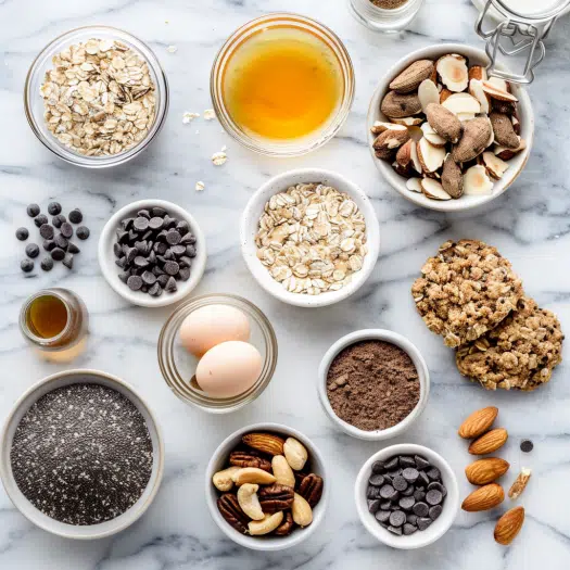High-protein breakfast cookie ingredients including oats, protein powder, almond butter and Greek yogurt