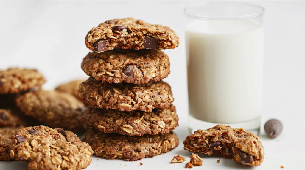 High-protein breakfast cookies stacked showing oats, chocolate chips and nuts with golden-brown texture