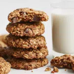 High-protein breakfast cookies stacked showing oats, chocolate chips and nuts with golden-brown texture