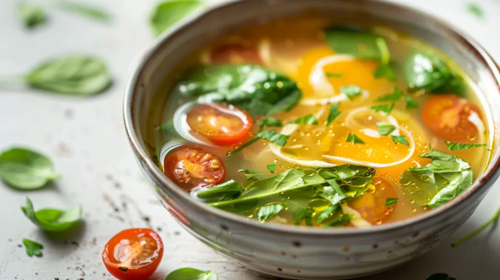 High-protein breakfast soup with egg ribbons, vegetables and bone broth in ceramic bowl