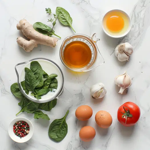High-protein breakfast soup ingredients including bone broth, eggs, Greek yogurt and fresh vegetables