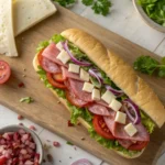 Italian grinder sandwich on wooden cutting board with layered salami, cheese cubes, lettuce, tomatoes, and red onions on fresh sub roll