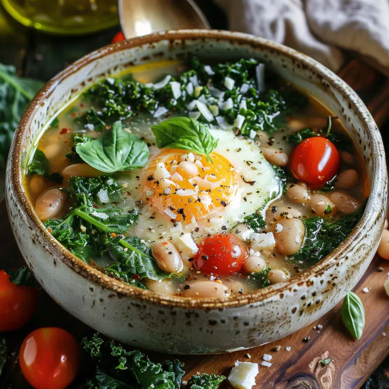 Italian herb garden breakfast soup with cannellini beans, kale, egg strands and parmesan