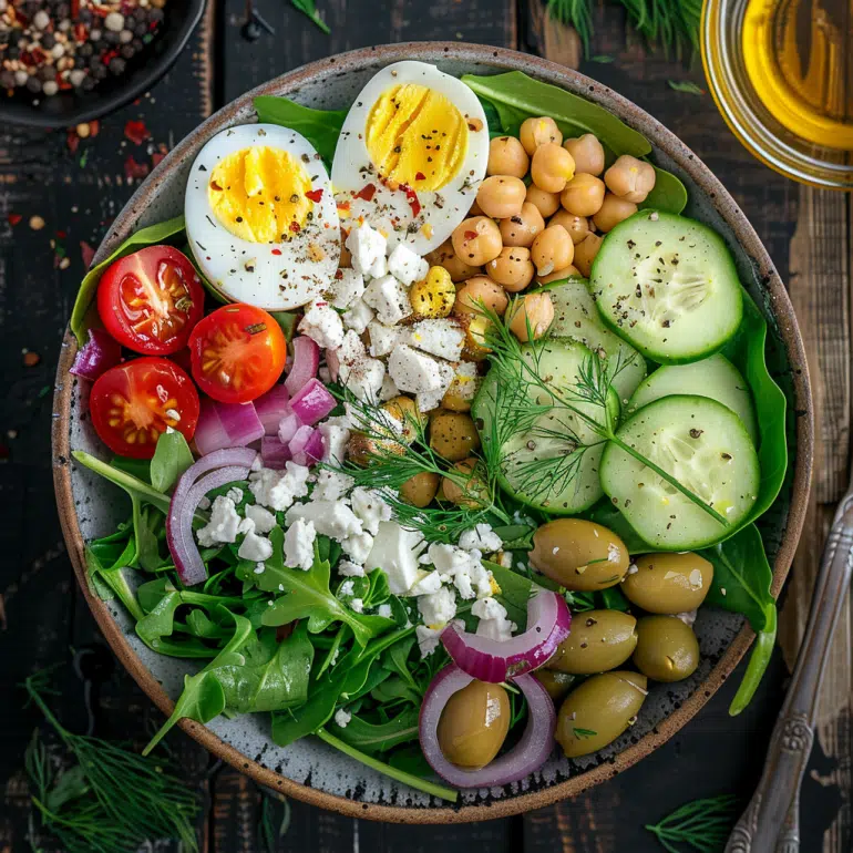 Mediterranean morning breakfast protein salad bowl with feta, chickpeas, eggs and vegetable