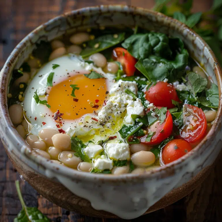 Mediterranean breakfast soup with poached egg, white beans, feta cheese and fresh herbs