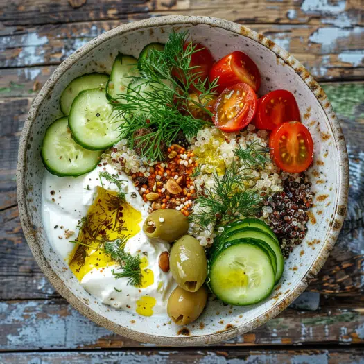 Mediterranean morning protein quinoa bowl with feta, vegetables and Greek yogurt