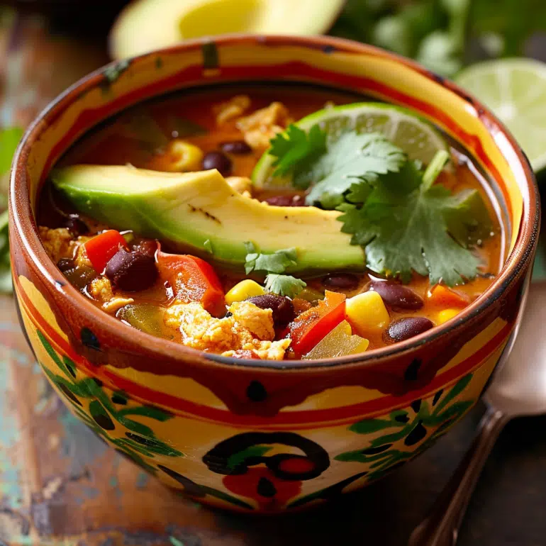 Mexican fiesta breakfast soup with black beans, scrambled eggs, peppers and avocado
