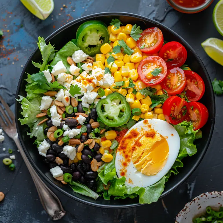 Mexican fiesta fresh breakfast protein salad bowl with black beans, egg and pepitas