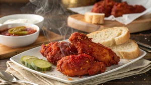Nashville hot chicken with bright red spicy coating on white plate served with pickle slices and white bread, steam rising