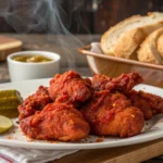 A plate of Nashville hot chicken pieces with pickle slices, served alongside a basket of sliced bread, hot sauce jar, and olive oil on a rustic wooden table