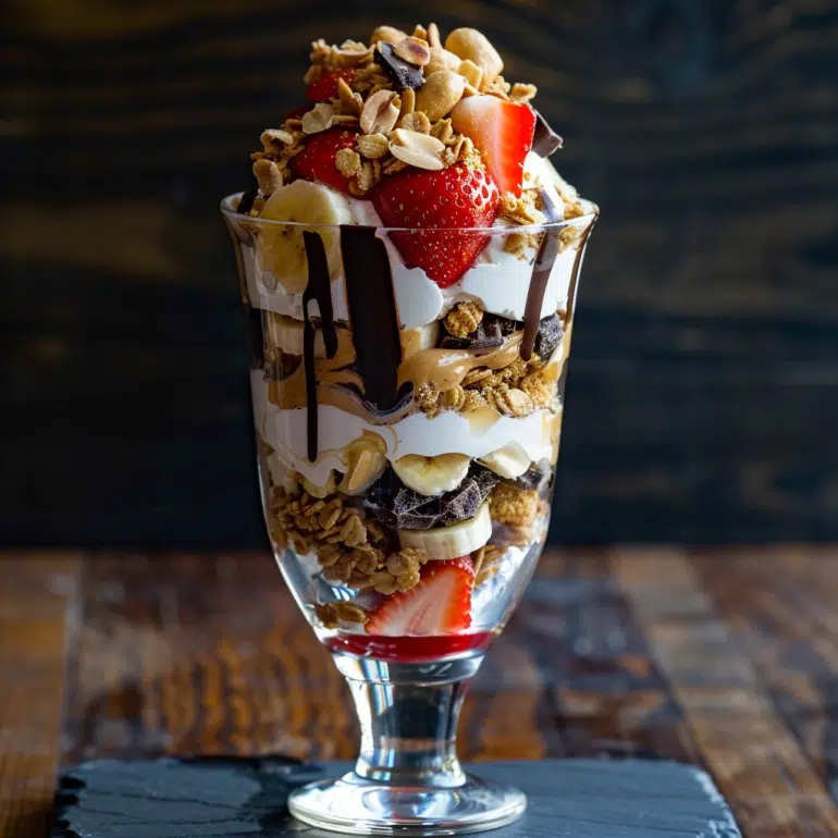 Peanut Butter Banana Split Greek yogurt parfait bowl with bananas, strawberries and chocolate