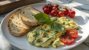 Pesto eggs protein with green basil swirls on white plate served with toasted bread, cherry tomatoes and fresh basil garnish