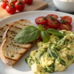 Pesto eggs protein with green herb marbling served on white plate with toasted sourdough bread and sliced cherry tomatoes