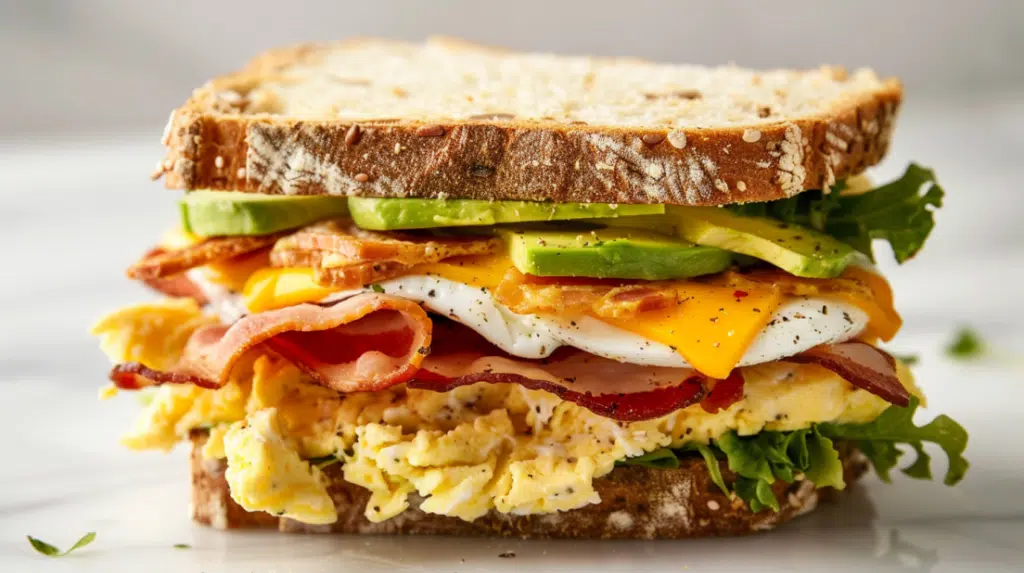 Ultimate protein breakfast sandwich with eggs, turkey bacon, cheese and avocado on artisan bread