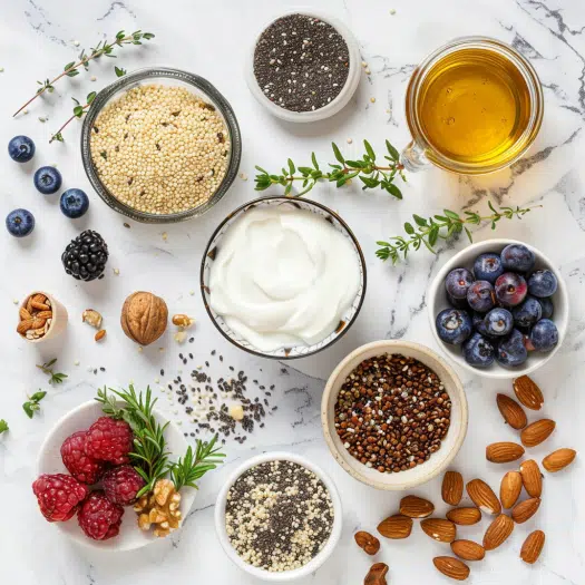 Protein-rich breakfast quinoa bowl ingredients including quinoa, Greek yogurt, seeds and berries