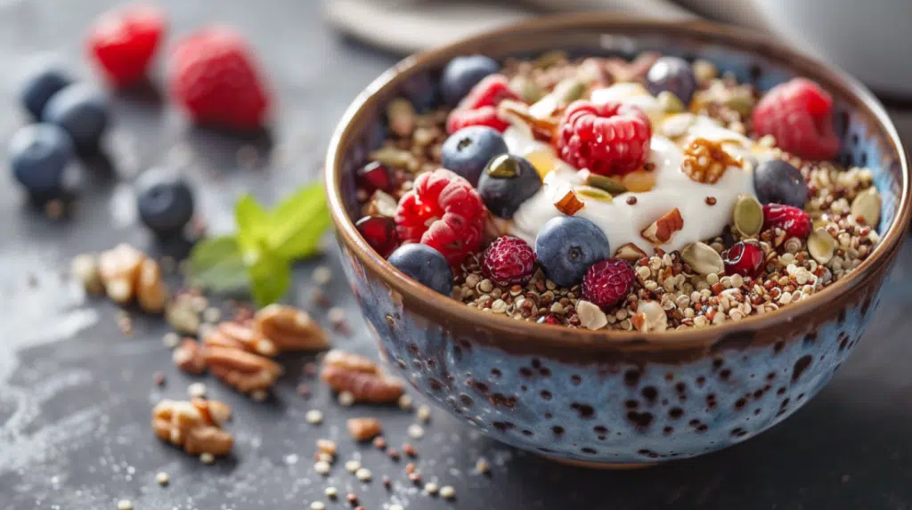 Protein-rich breakfast quinoa bowl with Greek yogurt, berries, nuts and hemp hearts