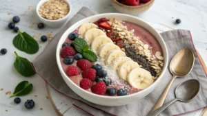 Protein smoothie bowl topped with sliced bananas, fresh berries, oats, chia seeds, and mint leaves, served in a white bowl with gold spoons