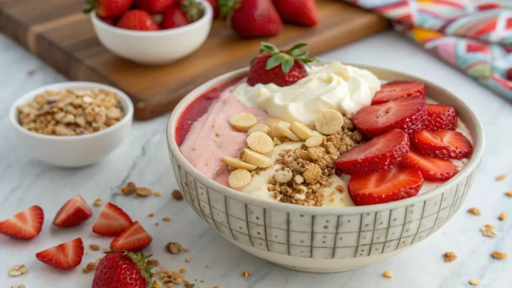 protein-smoothie-bowls-with-strawberry-cheesecake