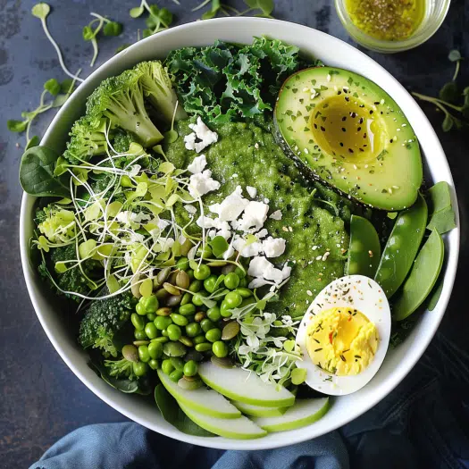 Savory green goddess breakfast protein salad bowl with kale, avocado, goat cheese and egg