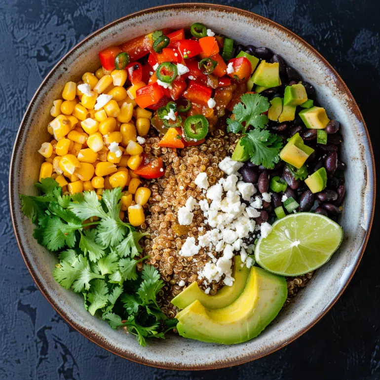 Savory Southwest fiesta protein quinoa bowl with black beans, avocado and pepita seeds