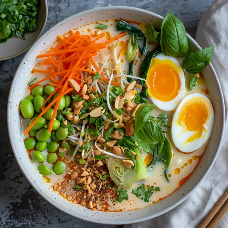 Thai fusion breakfast soup with coconut milk, soft-boiled egg, edamame and Asian vegetables