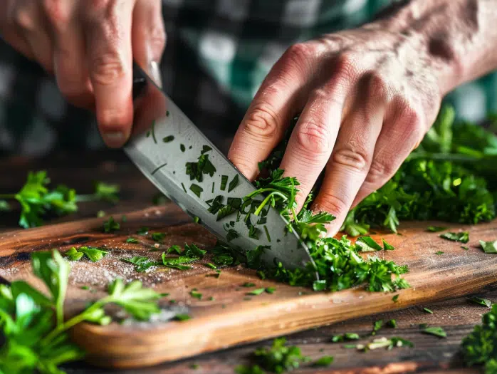 Traditional hand-chopped method for making authentic chimichurri sauce with knife