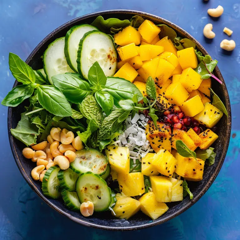 Tropical energy boost breakfast protein salad bowl with mango, pineapple and coconut