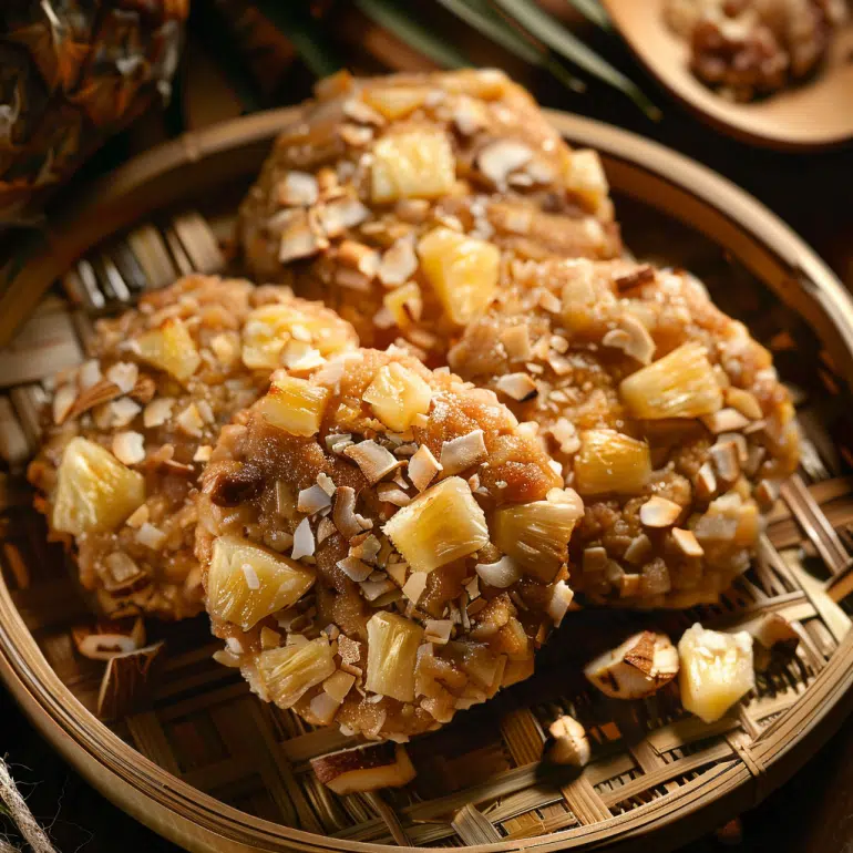 Tropical getaway high-protein breakfast cookies with coconut, pineapple and macadamia nuts