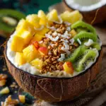 Tropical Paradise Greek yogurt parfait bowl with pineapple, mango, kiwi and coconut