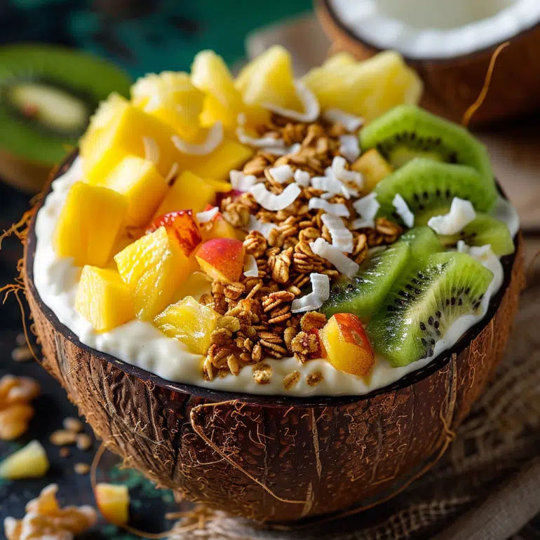 Tropical Paradise Greek yogurt parfait bowl with pineapple, mango, kiwi and coconut