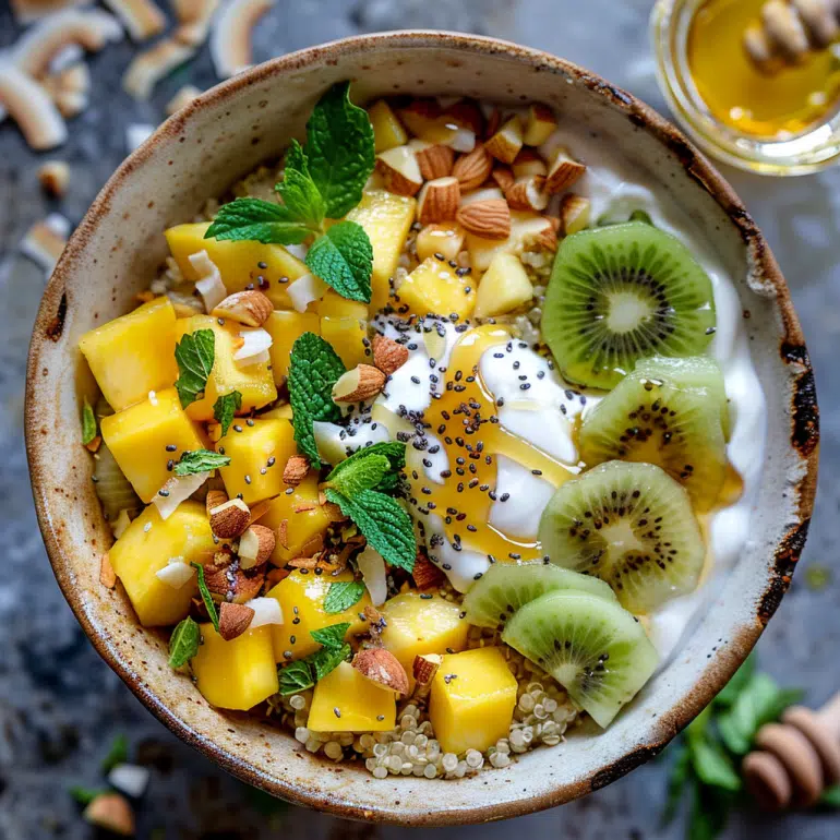 Tropical paradise protein quinoa bowl with mango, pineapple, coconut and macadamia nuts