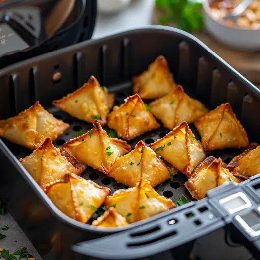 Crispy air fryer crab rangoons cooked at 370 degrees in single layer