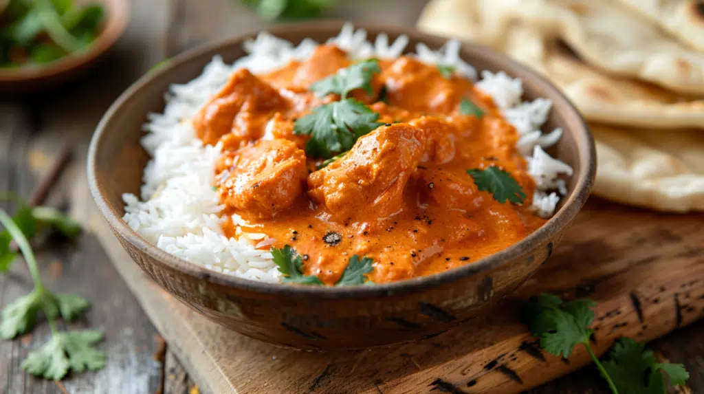 Creamy butter chicken in rustic bowl