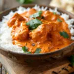 Creamy butter chicken in rustic bowl