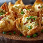Rustic wooden platter filled with golden crab rangoon wontons garnished with chopped green onion and red chili flakes