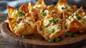 Rustic wooden platter filled with golden crab rangoon wontons garnished with chopped green onion and red chili flakes