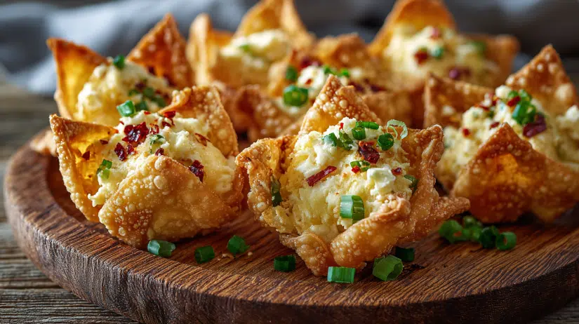 Rustic wooden platter filled with golden crab rangoon wontons garnished with chopped green onion and red chili flakes