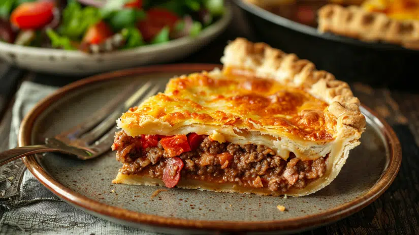 Slice of hamburger beef sausage pepperoni pie served with fresh garden salad