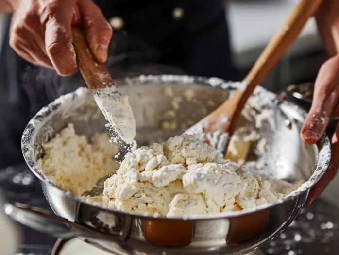 Adding flour all at once to boiling mixture to form churro dough ball