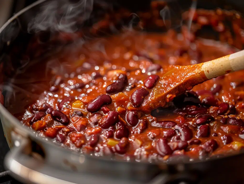 Stirring kidney beans into beef chili mixture