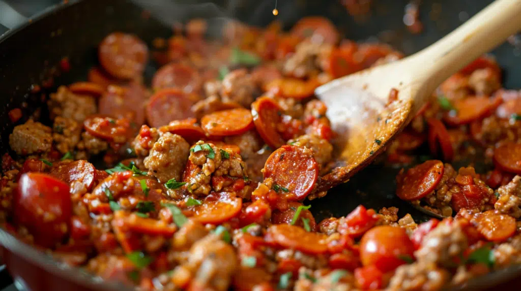 Stirring pepperoni slices into seasoned beef and sausage mixture