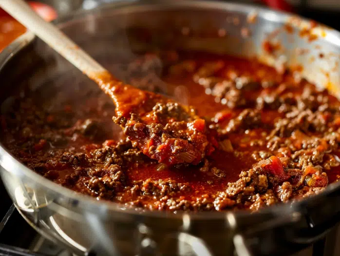 Stirring tomato paste into spiced beef mixture for chili