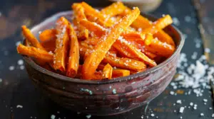 Crispy golden air fryer carrot fries with caramelized edges and parmesan garnish