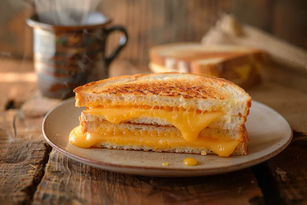 Golden air fryer grilled cheese sandwich cut in half with melted cheese stretching between slices.