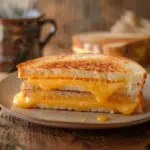 Golden air fryer grilled cheese sandwich cut in half with melted cheese stretching between slices.